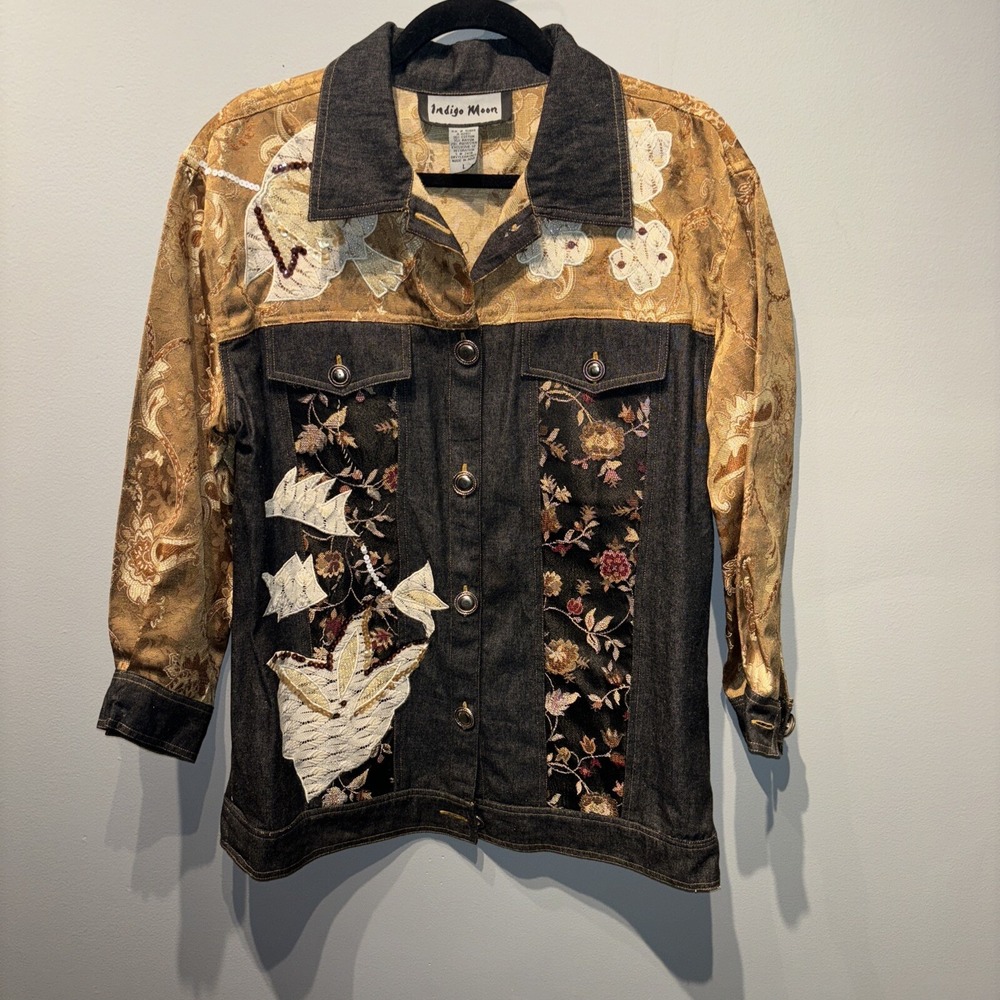 Indigo Moon Jacket Women's SzL Black Tan Floral Embroidery‎ Artsy